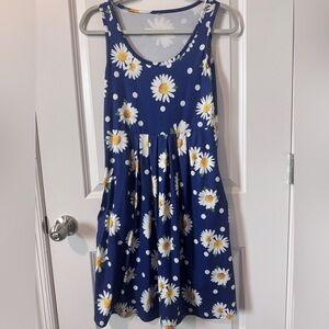 Summer Casual Sleeveless Midi Plain Pleated Tank Blue With Daisies Size Small